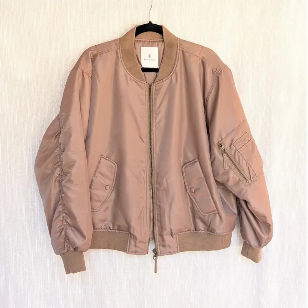 Anine Bing Leon Bomber Jacket Womens L Sepia Oversized Long Sleeve Full Zip NWT